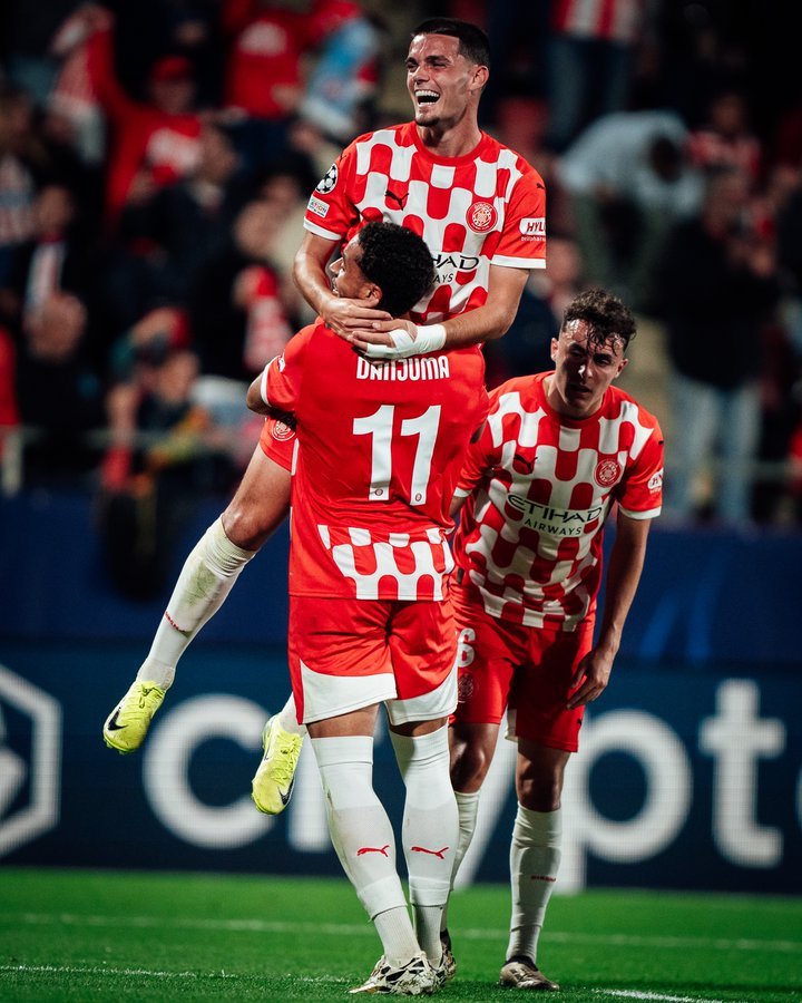 Miguel Gutiérrez celebrando el Girona 1-0 Slovan Bratislava.